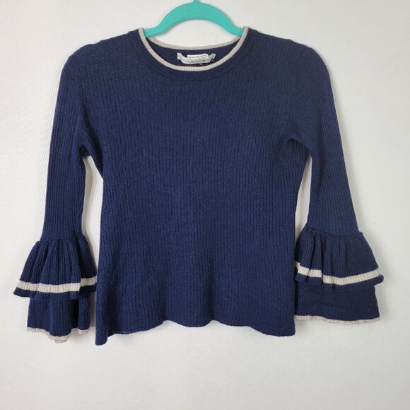 FRAME Cropped Sweater Women's M Navy Blue Pullover Half Bell Sleeve Wool Nylon - Picture 1 of 8